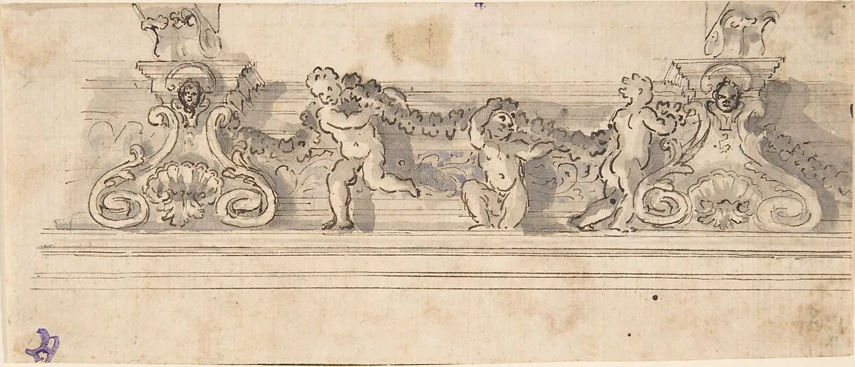 Design for the Decoration of a Cornice with Putti holding a Garland (recto); Red Chalk Sketches (verso) — Anonymous, Italian, 17th century