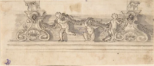 Design for the Decoration of a Cornice with Putti holding a Garland (recto); Red Chalk Sketches (verso)
