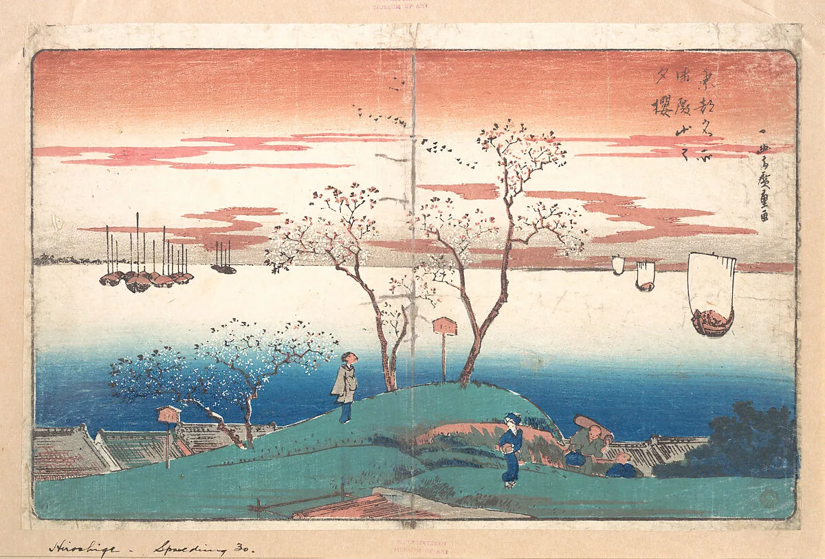 東都名所 御殿山之夕桜|Evening Cherries on Gotem Yama — Utagawa Hiroshige
