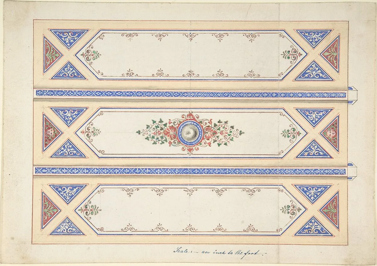 Ceiling Design with Three Panels Divided by Beams — Anonymous, British, 19th century