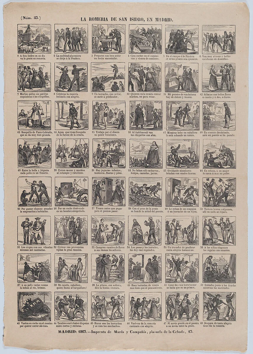 Broadside with 48 scenes relating to the pilgrimage of San Isidro — José María Marés