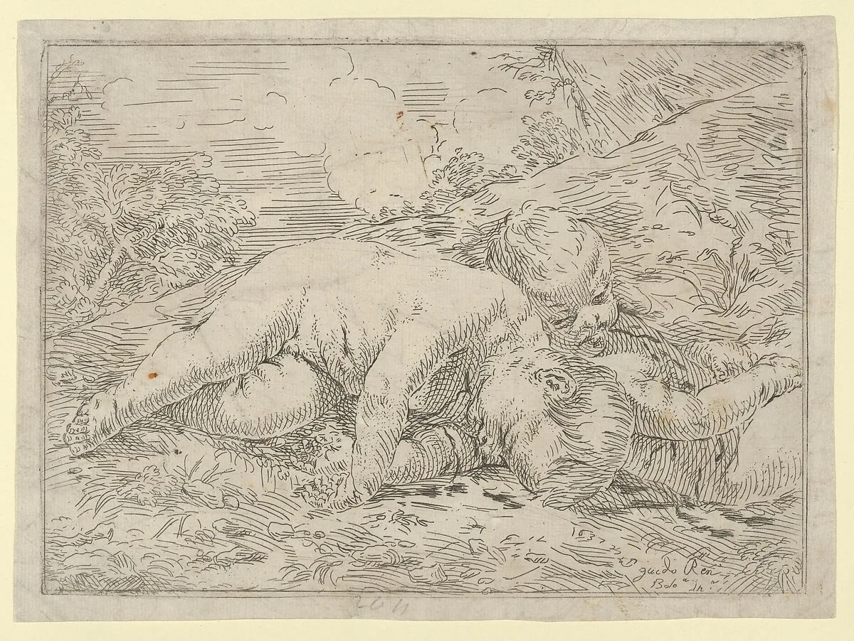 Two putti sleeping in a landscape, after Reni — Anonymous, Italian, 17th century|Guido Reni