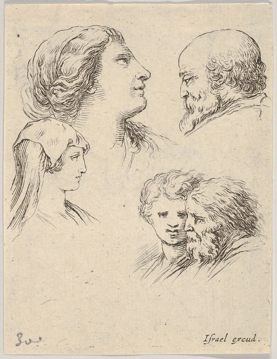 Plate 9: five heads, two young women at left, a bearded man at upper right, a young woman and a bearded man at bottom right, from 'The Book for Learning to Draw' (Livre pour apprendre à dessiner) — Stefano della Bella|Israël Henriet