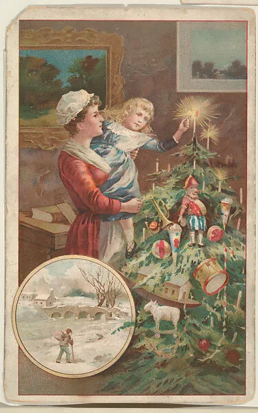 Woman and child with Christmas tree, bakery card from the Picture Cards series (D63), issued by The Heissler & Junge Company — Welle-Boettler Bakery Company