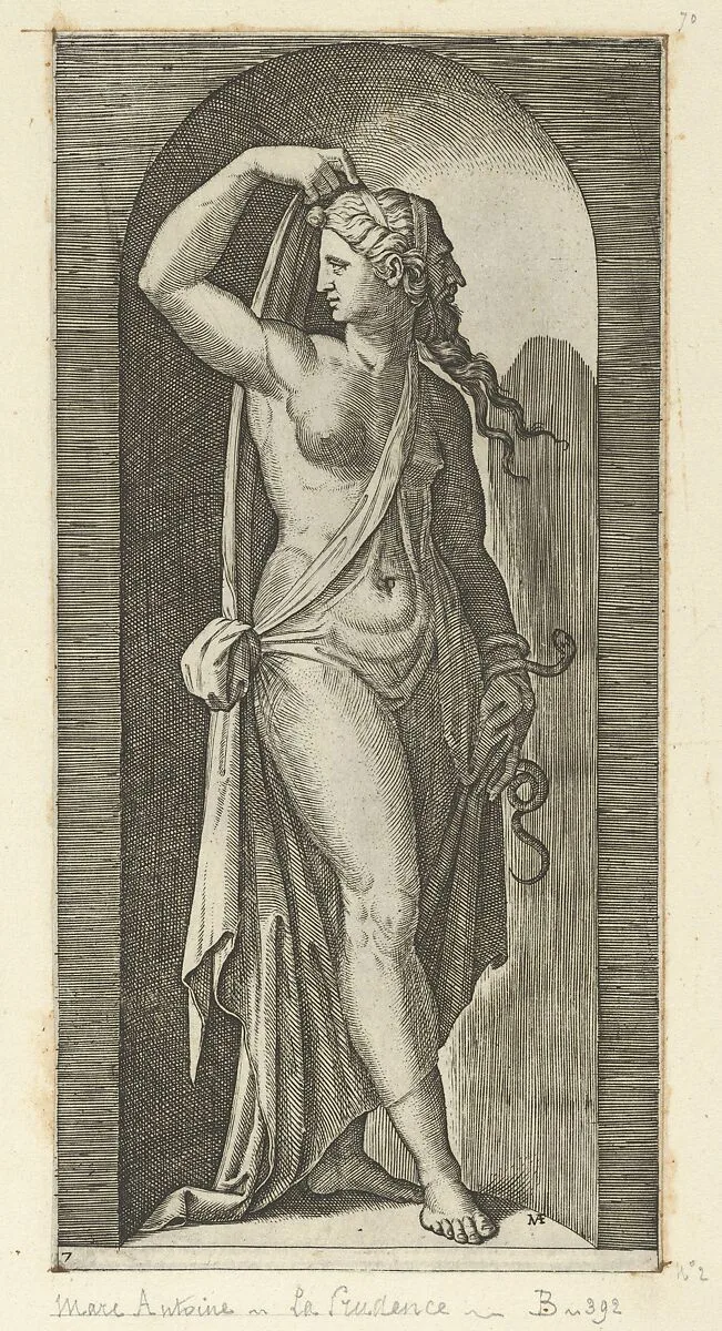 Prudence personified by a woman standing in a niche, holding a shawl in her right hand, a snake coiled around her, left from 'The Virtues' — Marcantonio Raimondi|Raphael (Raffaello Sanzio or Santi)