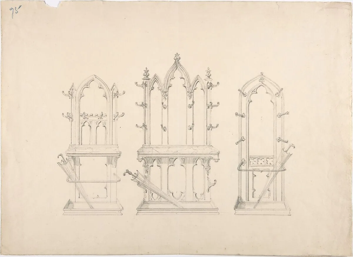 Design for Three Gothic Hat and Umbrella Stands — Anonymous, British, 19th century