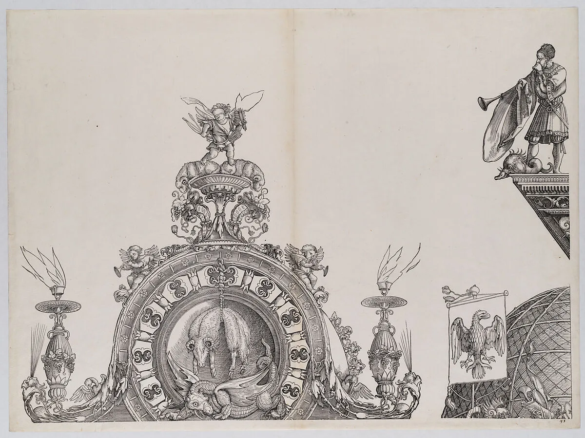 The Pinnacle of the Left Portal; and a Trumpeter and Standard from the Cupola of the Central Portal, from the Arch of Honor, proof, dated 1515, printed 1517-18 — Wolf Traut|Hans Springinklee|Albrecht Dürer|Hieronymus Andreae