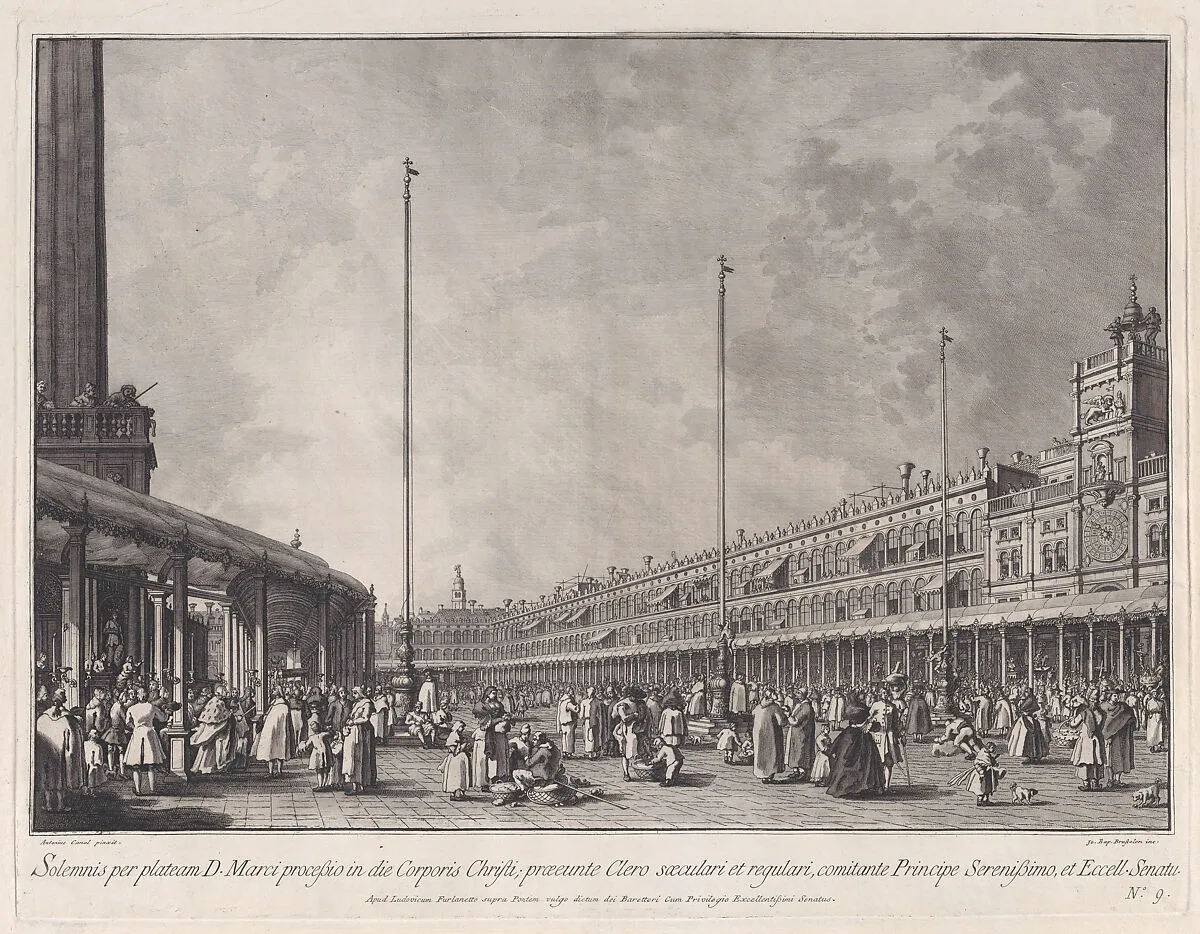 Plate 9: Procession on Corpus Christi Day in the Piazza San Marco, from 'Ducal Ceremonies and Festivals' (Le Feste Ducali) — Lodovico Furlanetto|Giovanni Battista Brustolon|Canaletto (Giovanni Antonio Canal)