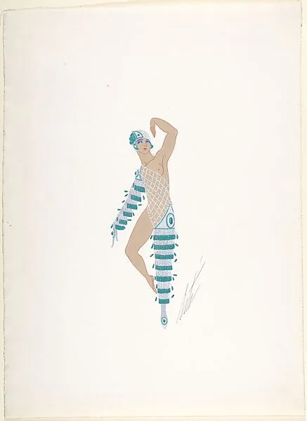 Costume Design with Green and White Beads and Lattice Work Torso for "Prince Amoureux," George White's Schandals, New York — Erté (Romain de Tirtoff)