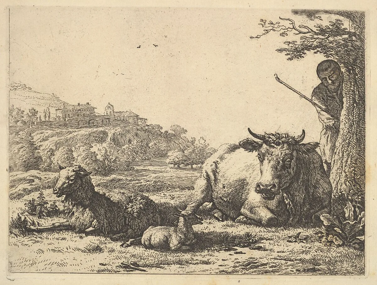 Cow, adult sheep, and young sheep lying in the grass; beyond, a shepherd stands partially behind a tree — Karel Dujardin