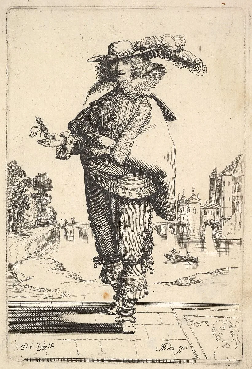 A gentleman standing in front of a large castle and wearing a plumed hat and a lace collar, the tomb with an engraving of the head of a woman on the ground to right, from "The Garden of the French Nobles In Which One Can Pick Up Their Way of Dressing" — Abraham Bosse|Jean de Saint-Igny