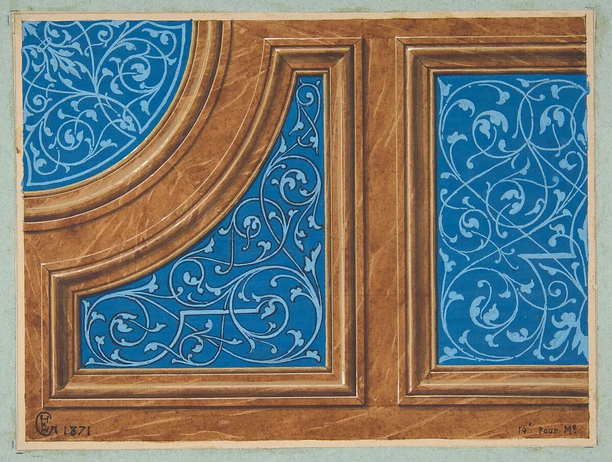 Partial design for wood panneling inlaid with painted panels — Jules-Edmond-Charles Lachaise|Eugène-Pierre Gourdet