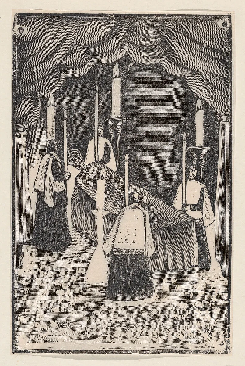 A group of holy men holding candles around a bier with a prelate — José Guadalupe Posada