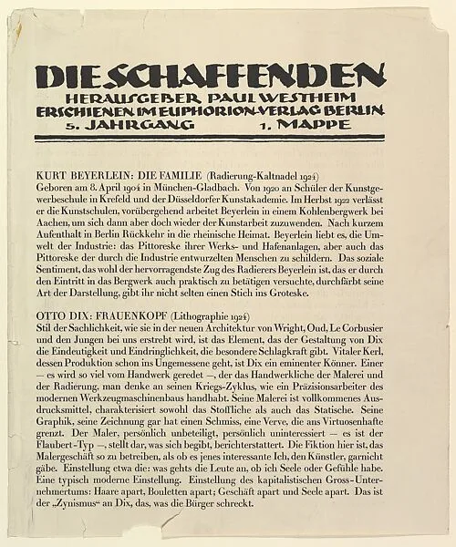Text sheet from Die Shaffenden — Otto Dix