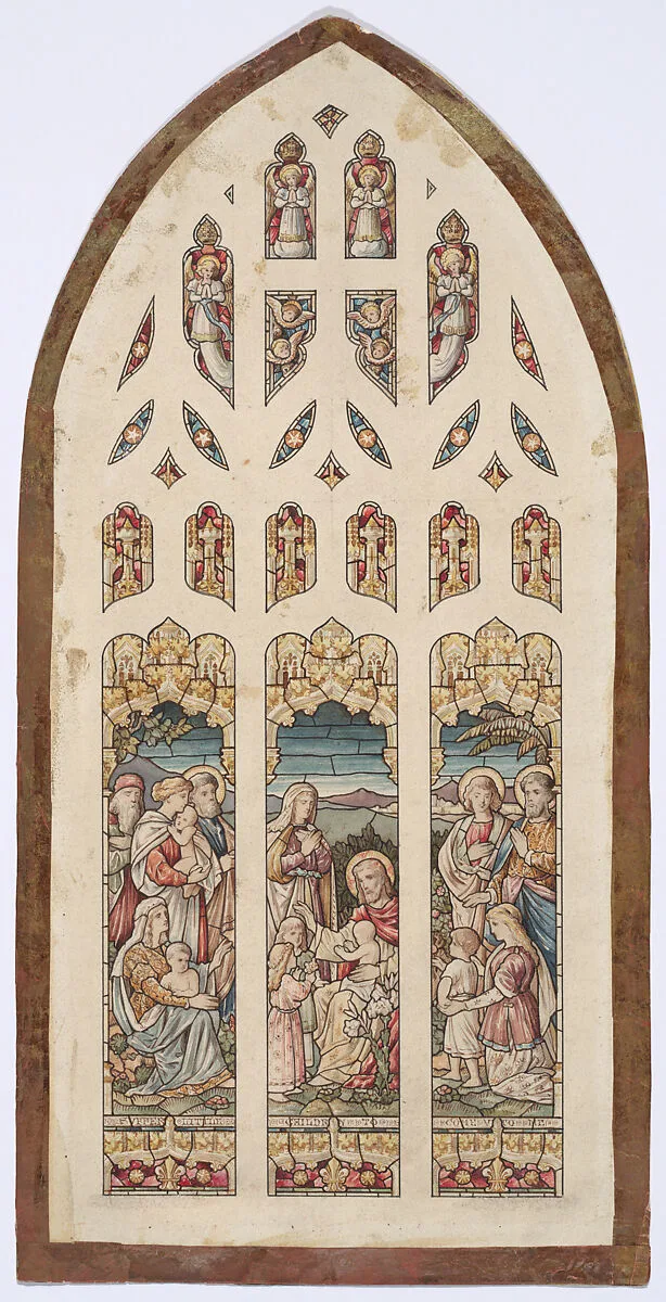 Design for a stained glass window with Jesus Blessing the Little Children — Anonymous, British, 19th century