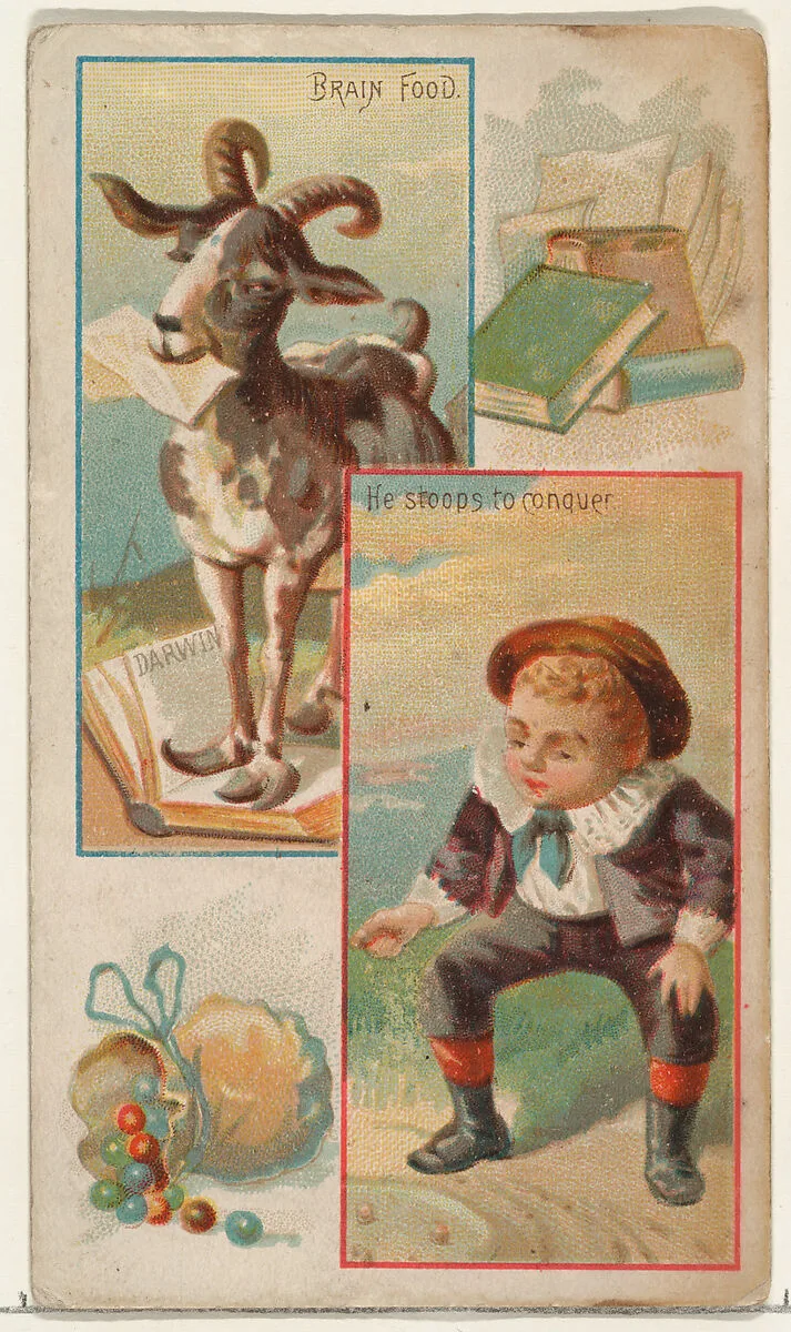 Brain Food / He Stoops to Conquer, from the Jokes series (N118) issued by Duke Sons & Co. to promote Honest Long Cut Tobacco — George S. Harris & Sons|W. Duke, Sons & Co.|American Tobacco Company