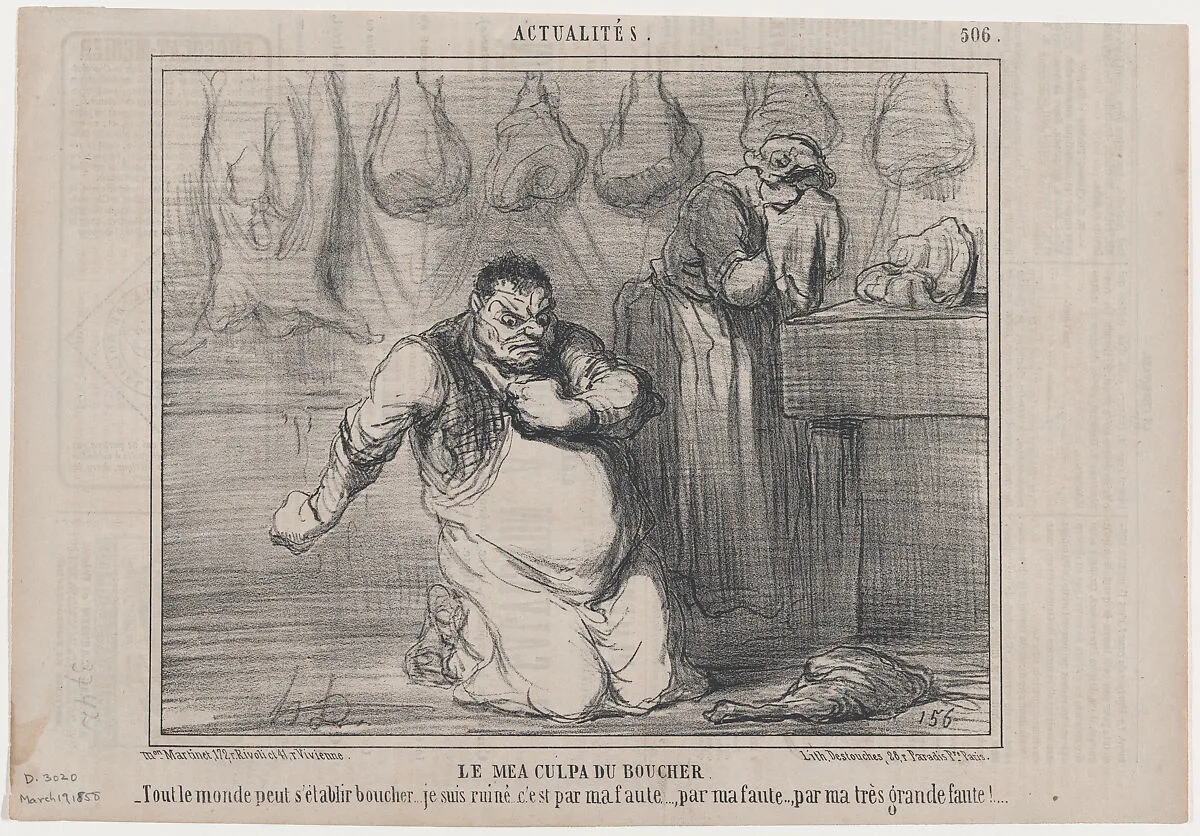 Le mea culpa du boucher, from Actualités, published in Le Charivari, March 19, 1858 — Aaron Martinet|Honoré Daumier|Destouches
