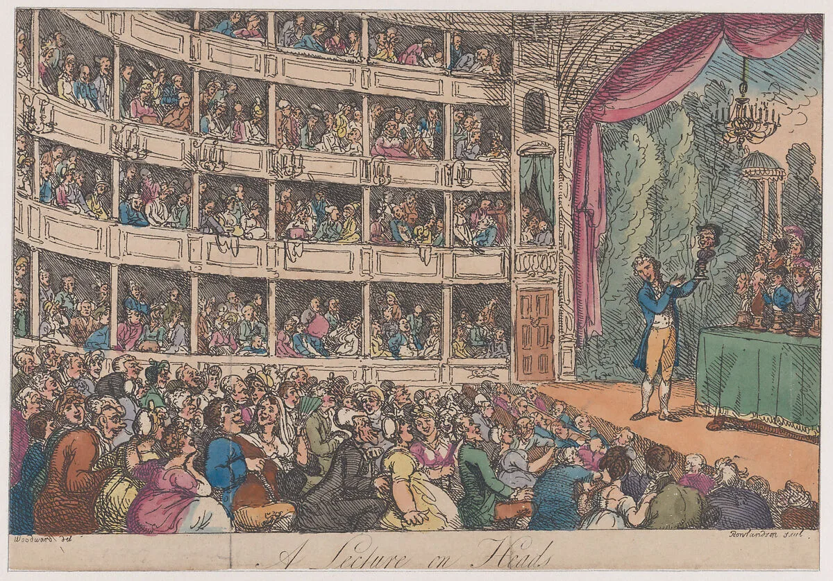 Frontispiece, from "A Lecture on Heads" by George Alexander Stevens — George Alexander Stevens|George Murgatroyd Woodward|Charles Lee Lewis|Thomas Rowlandson|Thomas Tegg