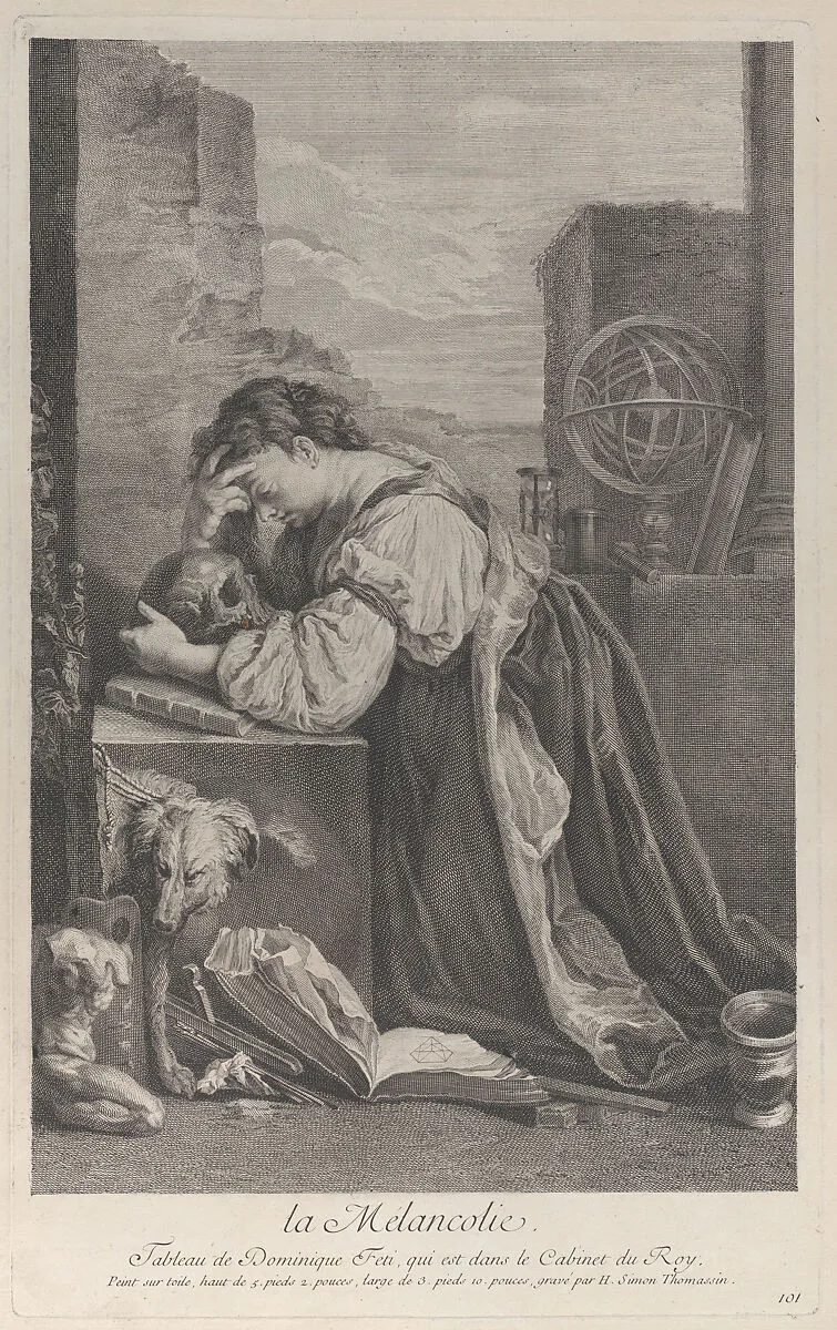 Allegory on Melancholy, with a woman kneeling towards the left holding a skull — Domenico Fetti|Henri Simon Thomassin