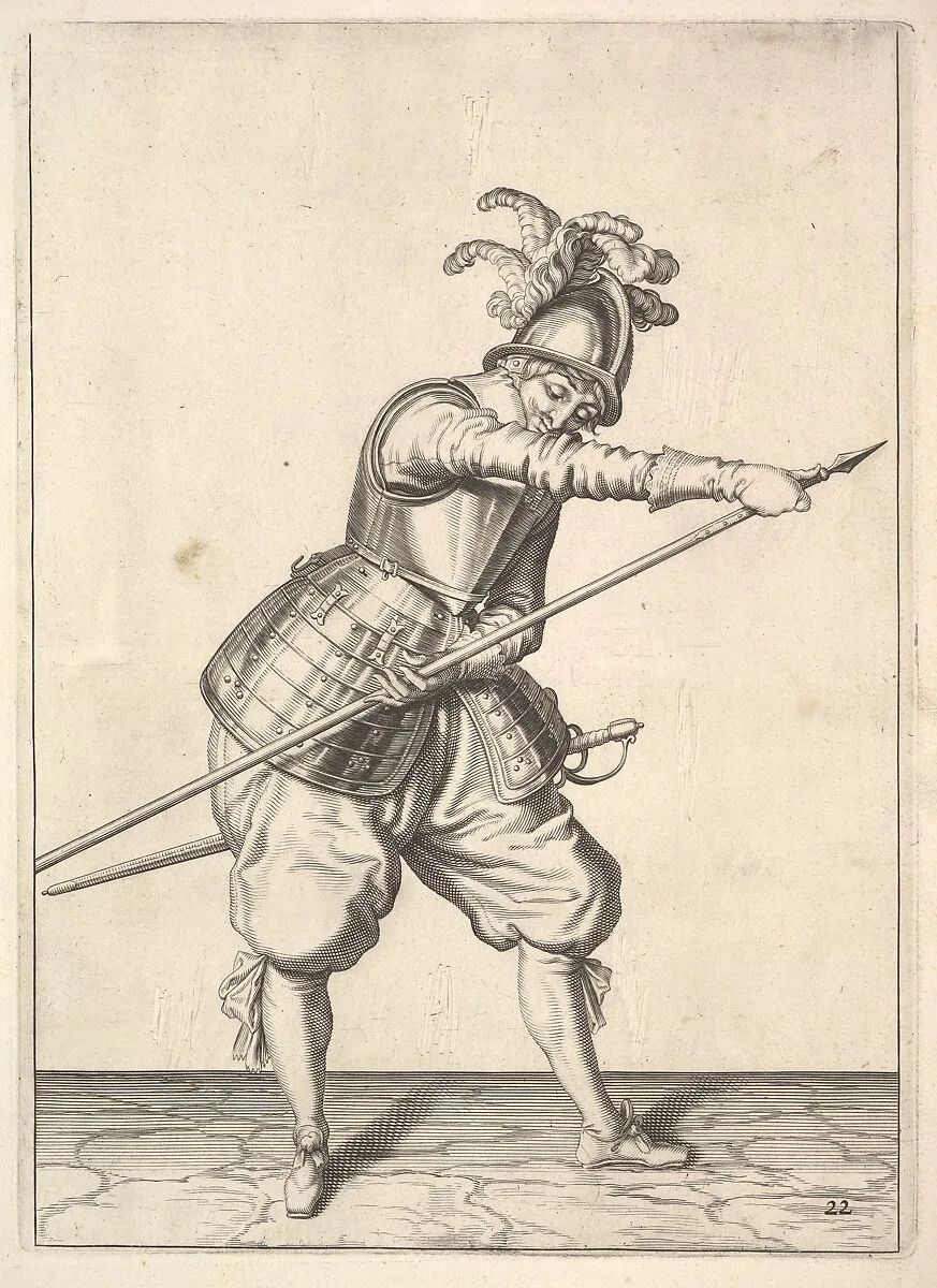 A soldier sliding his right hand along the training-pike, from the Lansquenets series, plate 22, in Wapenhandelinghe van Roers Musquetten Ende Spiessen (The Exercise of Arms) — Jacques de Gheyn II|Jacques de Gheyn II