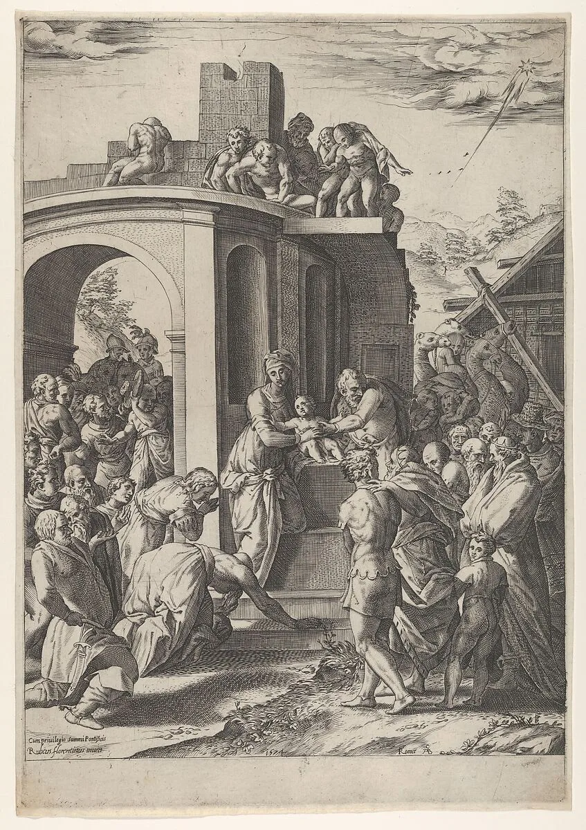 The Adoration of the Magi with the Virgin, Christ Child, and Joseph at center, set against architectural details — Cherubino Alberti (Zaccaria Mattia)|Rosso Fiorentino