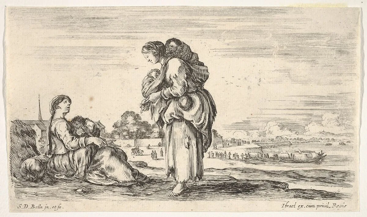 A woman seated to left holding a child, facing right in profile, conversing with a standing woman in center, carrying one child on her back and another in her arms, a church to left in background and boats to right in background, from 'Various figures and lands' (Diverse figure e paesi) — Stefano della Bella|Israël Henriet