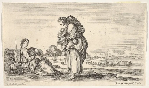A woman seated to left holding a child, facing right in profile, conversing with a standing woman in center, carrying one child on her back and another in her arms, a church to left in background and boats to right in background, from 'Various figures and lands' (Diverse figure e paesi)