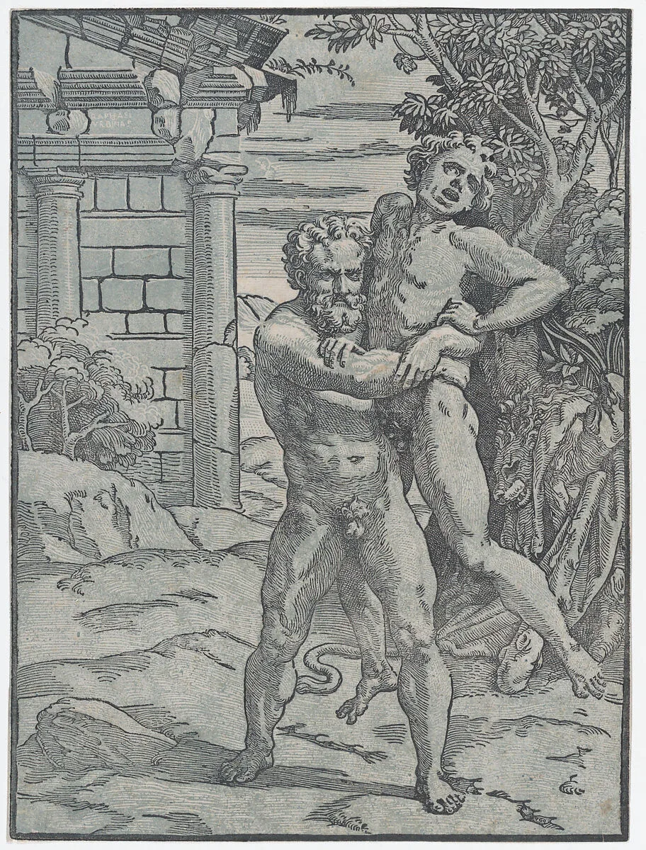 Hercules and Antaeus — Ugo da Carpi|Raphael (Raffaello Sanzio or Santi)