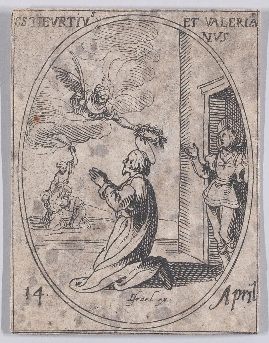 S. Tiburce et S. Valérian (St. Tiburtius and St. Valerian), April 14th, from "Les Images De Tous Les Saincts et Saintes de L'Année" (Images of All of the Saints and Religious Events of the Year) — Jacques Callot|Israël Henriet