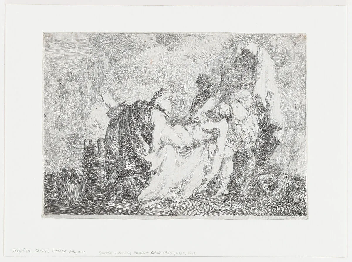 Patroclus being carried to his funeral pyre as Achilles places a lock of hair on the body — Johann Tobias Sergel