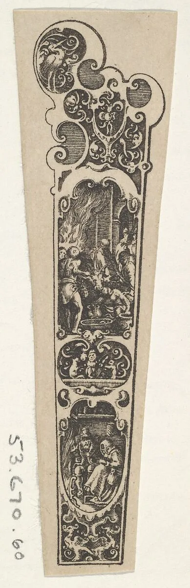 Design for a Knife Handle with a Couple Gathered Around a Fire at Bottom — Johann Theodor de Bry