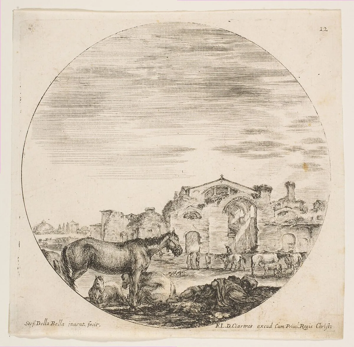 A shepherd sleeping on the ground at right, three horses at left, other horses and various figures to right, the Baths of Diocletian in the background, plate 12 from "Roman landscapes and ruins" (Paysages et ruines de Rome) — Stefano della Bella|François Langlois