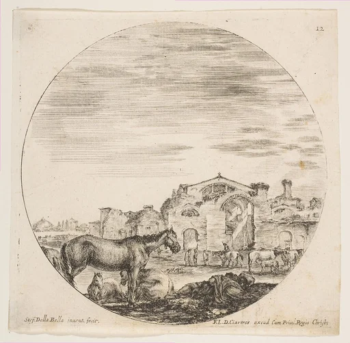 A shepherd sleeping on the ground at right, three horses at left, other horses and various figures to right, the Baths of Diocletian in the background, plate 12 from "Roman landscapes and ruins" (Paysages et ruines de Rome)