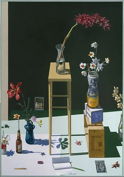 "Dutch" Still Life with Orchids, Postcard View of Paris, and "Death of Marat" — Paul Wonner