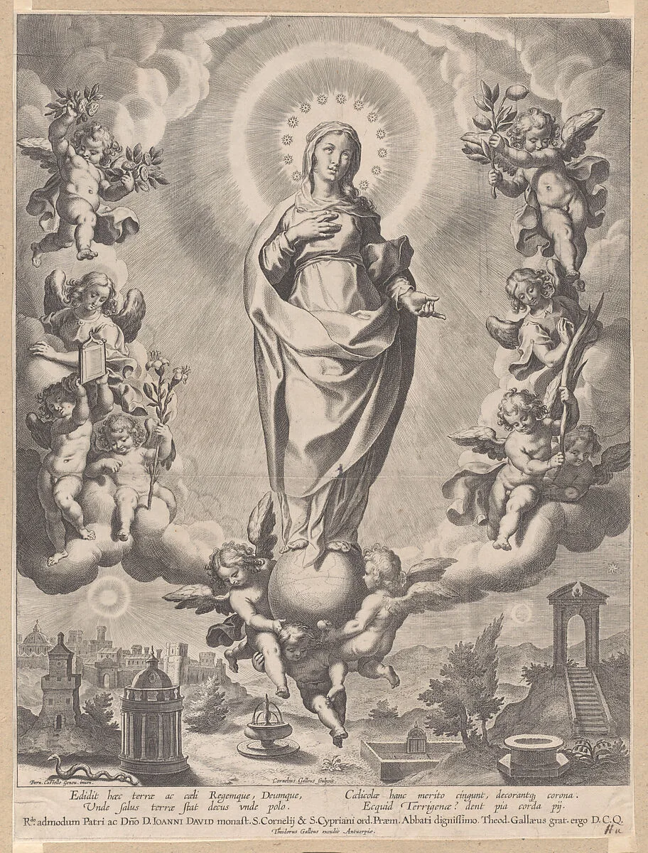 The Virgin in Glory, standing on clouds and surrounded by angels holding the symbols of the Immaculate Conception — Cornelis Galle I|Theodoor Galle|Bernardo Castello
