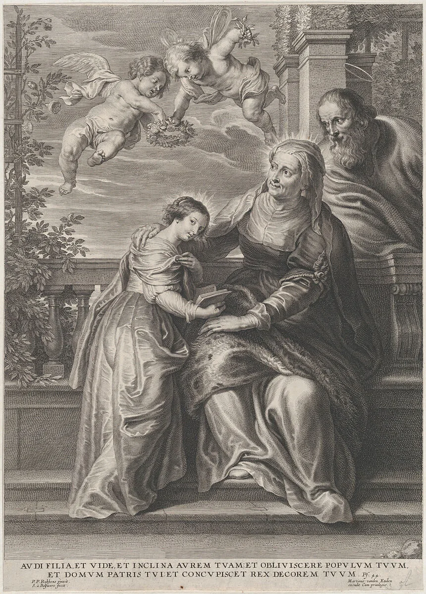 The education of the Virgin, with Saint Anne and the Virgin Mary reading with two putti overhead and Saint Joachim behind them at right — Martinus van den Enden|Schelte Adams à Bolswert|Peter Paul Rubens
