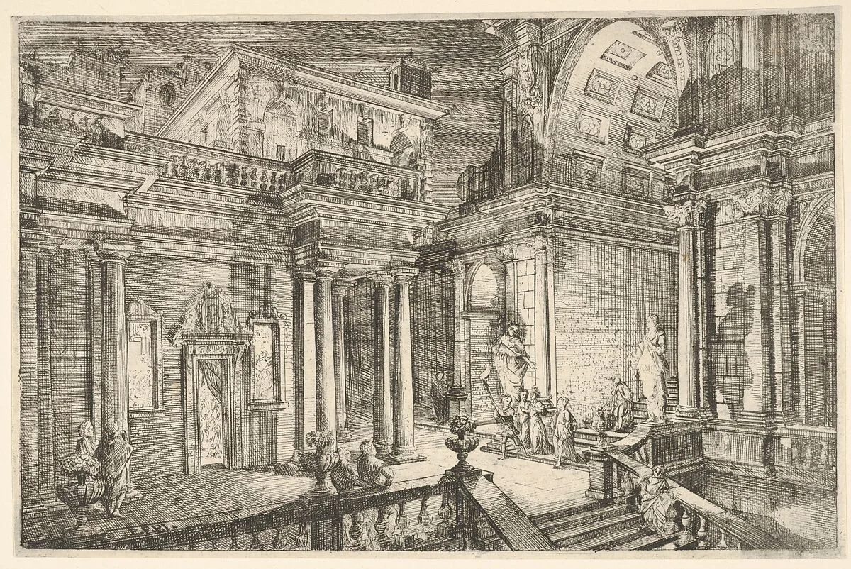 Interior of a Classical Building Showing People Engaged in Conversation — Pietro Francesco Prina