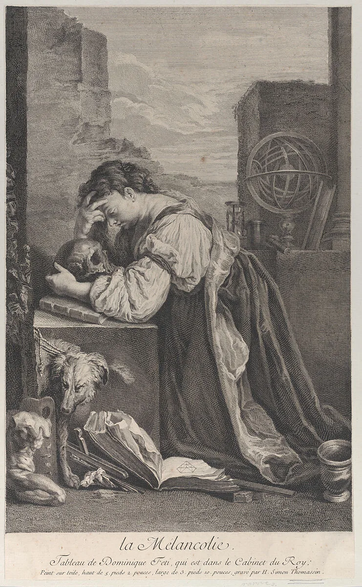 Allegory on Melancholy, with a woman kneeling towards the left holding a skull — Domenico Fetti|Henri Simon Thomassin