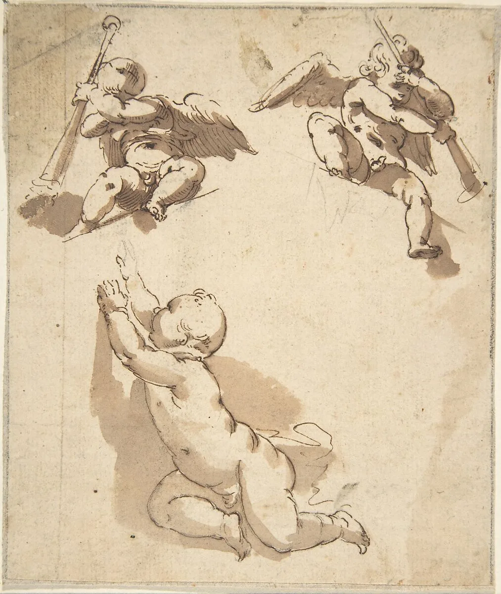 Study of a Child and Two Angels Holding Trumpets — Anonymous, Spanish, School of Seville, 17th century