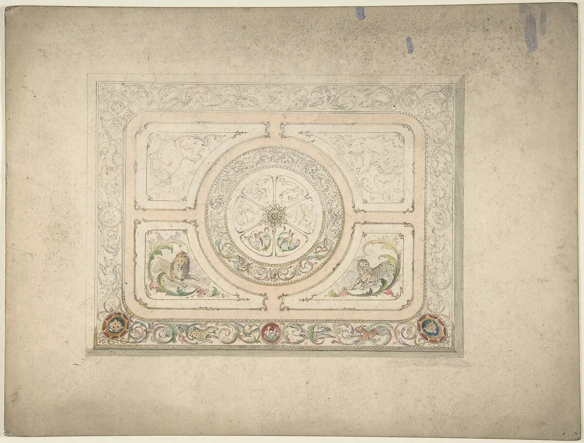 Design for a Ceiling with Lion and Lioness — Anonymous, British, 19th century
