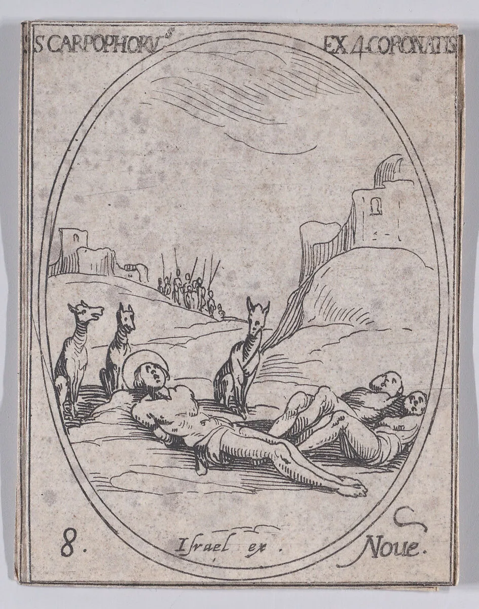 S. Carpophore et les 4 Saints Couronnés (St. Carpophorus and the 4 Crowned Saints), November 8th, from "Les Images De Tous Les Saincts et Saintes de L'Année" (Images of All of the Saints and Religious Events of the Year) — Israël Henriet|Jacques Callot