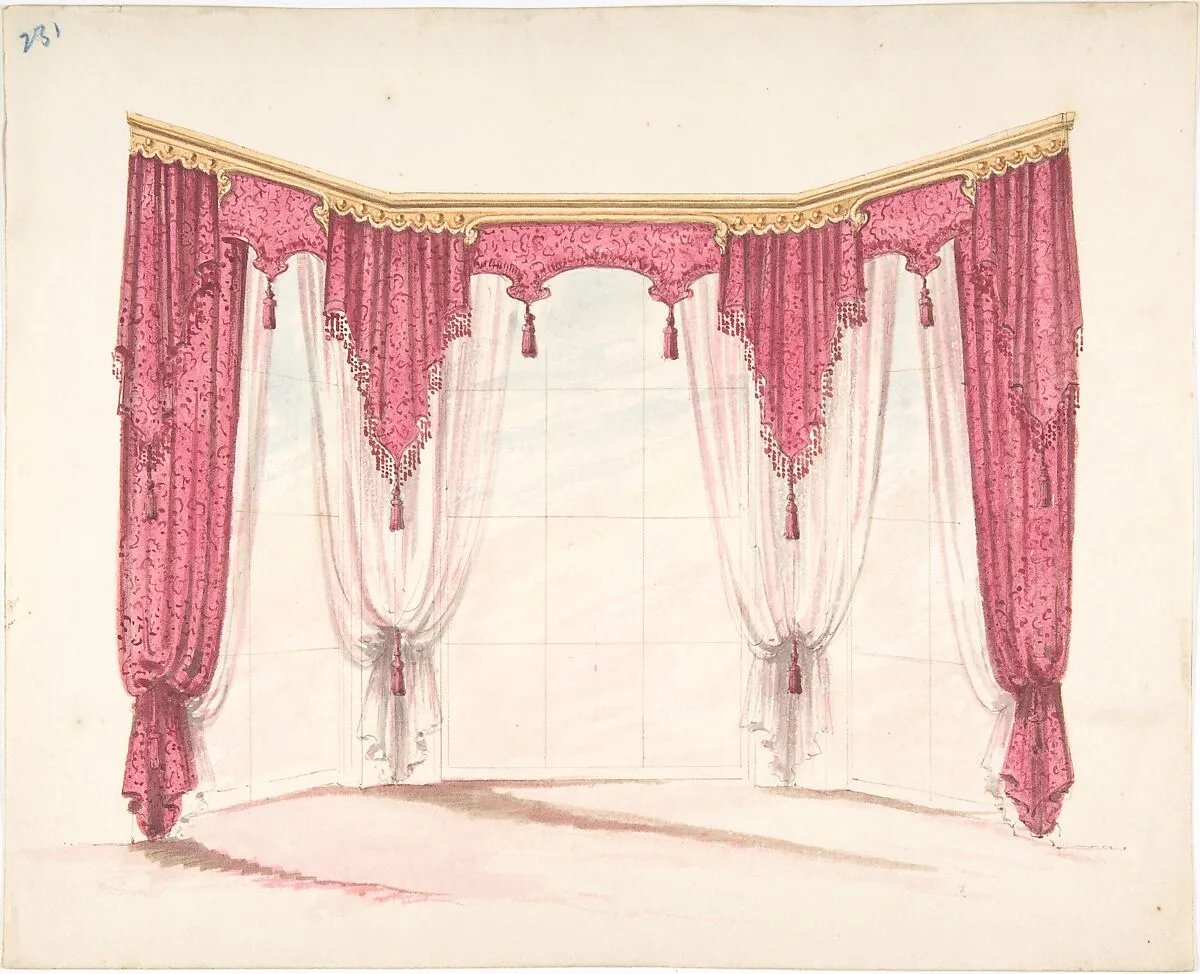 Design for Red Curtains with Red Fringes and a Gold Pediment — Anonymous, British, 19th century