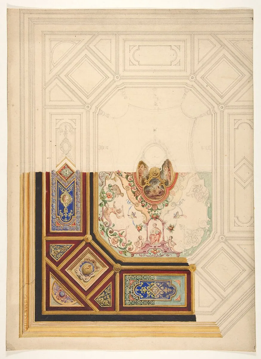 Design for a paneled ceiling to be painted in grotesque motifs — Jules-Edmond-Charles Lachaise|Eugène-Pierre Gourdet