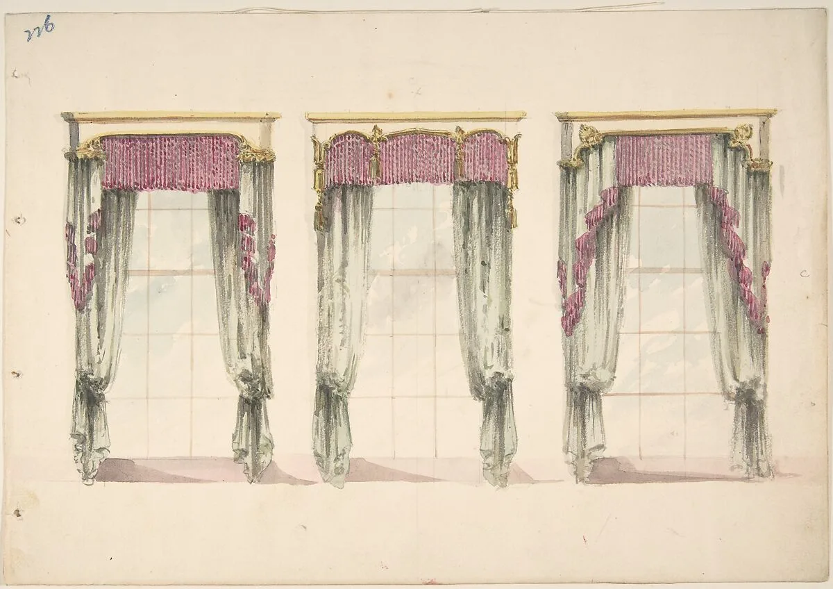 Design for Gray Curtains with Pink Fringes, and White and Gold Pediments — Anonymous, British, 19th century