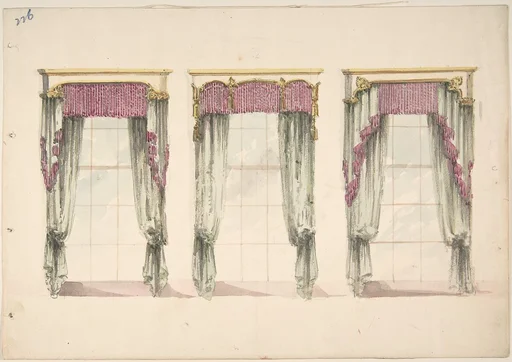 Design for Gray Curtains with Pink Fringes, and White and Gold Pediments