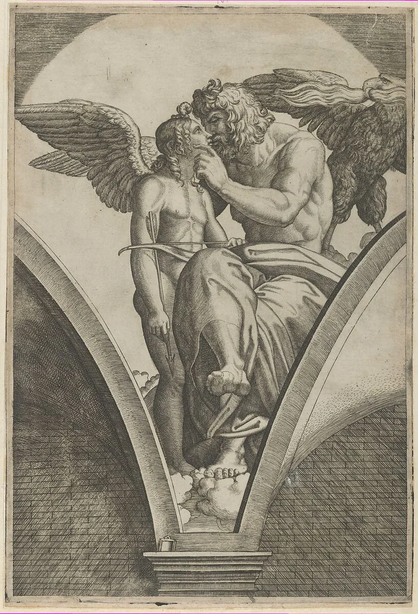 Jupiter embracing Cupid after Raphael's fresco in the Chigi Gallery of the Villa Farnesina in Rome — Marcantonio Raimondi|Raphael (Raffaello Sanzio or Santi)