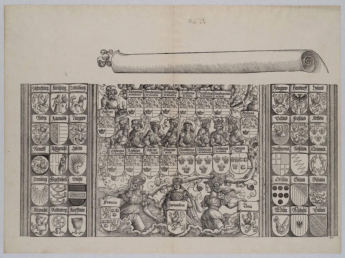 The Lower Portion of the Genealogy of Maximilian; with the Left Edge of the Scroll for the Explanatory Text, from the Arch of Honor, proof, dated 1515, printed 1517-18 — Hieronymus Andreae|Hans Springinklee
