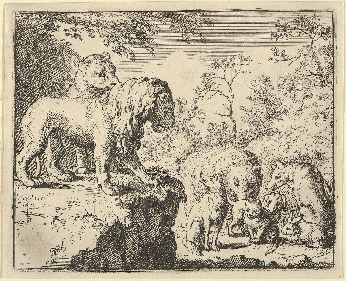 The Lion and the Lioness Pardon Renard and Order the Other Animals to Forget His Crimes from Hendrick van Alcmar's Renard The Fox — Allart van Everdingen