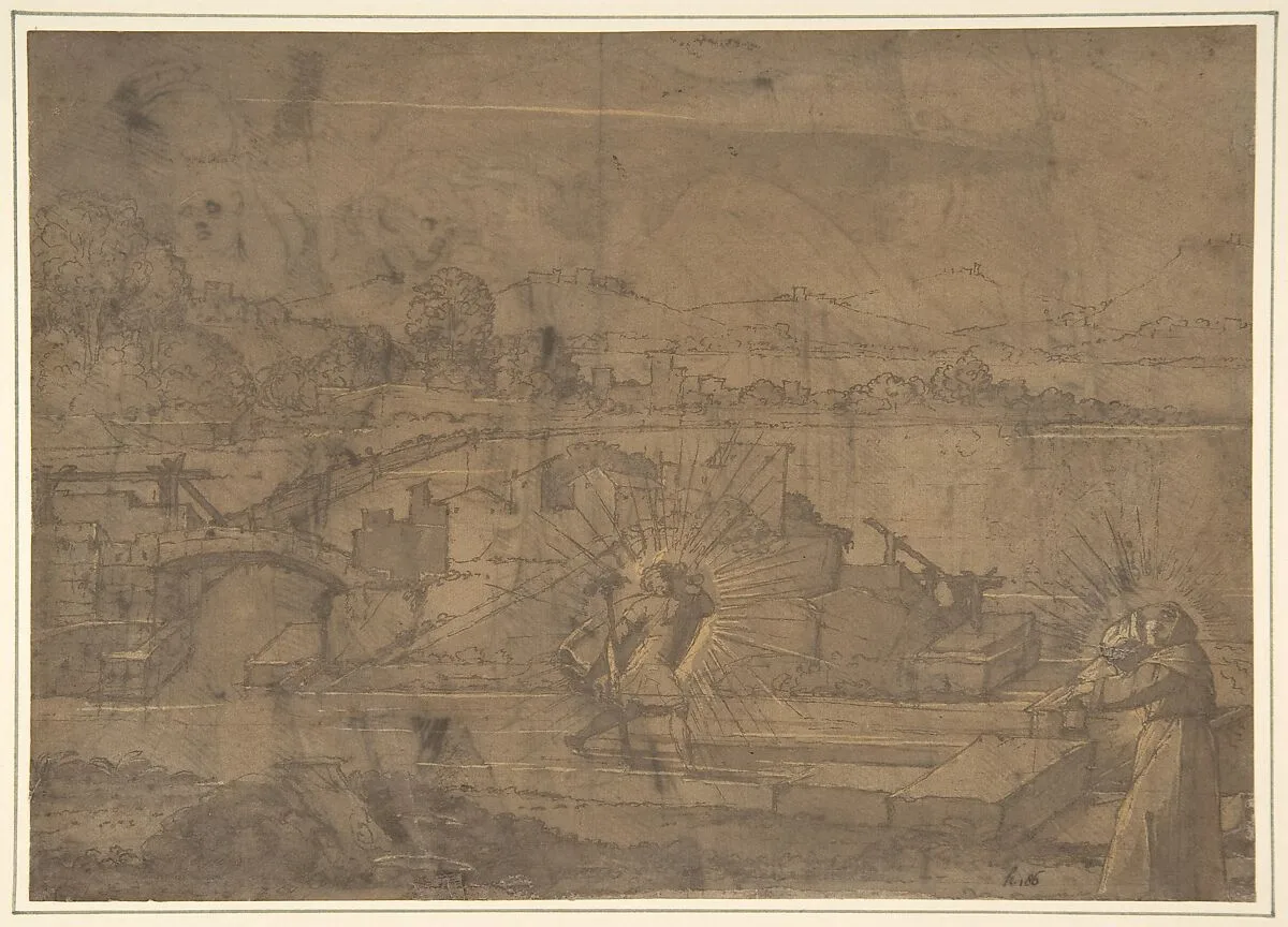 Landscape with Saint Christopher and Male Monastic Saint (recto); Victory Crowning a Warrior, and Two Other Figures (verso). — Anonymous, Italian, North Italy, 16th century