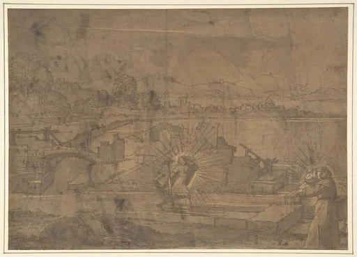 Landscape with Saint Christopher and Male Monastic Saint (recto); Victory Crowning a Warrior, and Two Other Figures (verso).